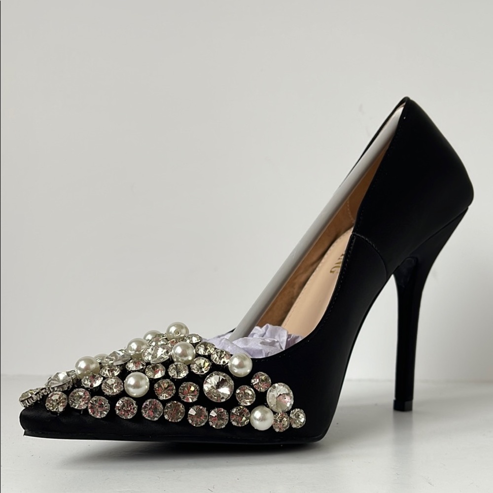 Azalea Wang Women’s Black Satin Embellished Stiletto Heels Pointed Toe Size 7.5 - Picture 2 of 10